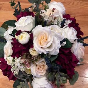 Elegant Bridal Bouquet with White and Cream Roses and Burgundy Hydrangeas